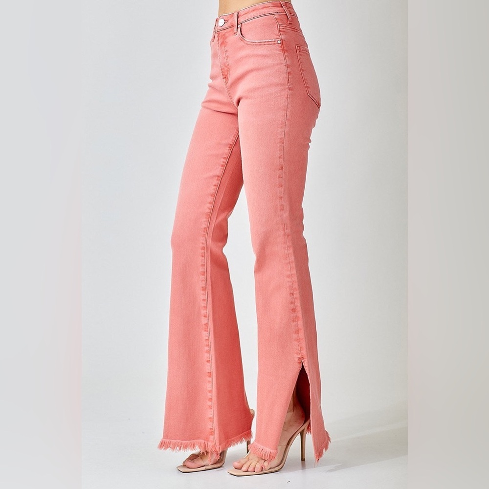 High-Waist Pink Flared Jeans with Split Hem - Picture 3 of 10
